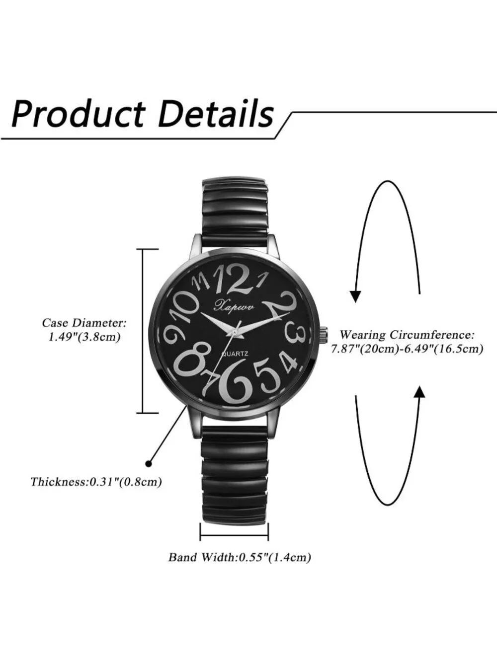 Women's All Black Analog Quartz Big Numbers Easy Reader Stretch Band Wrist Watch